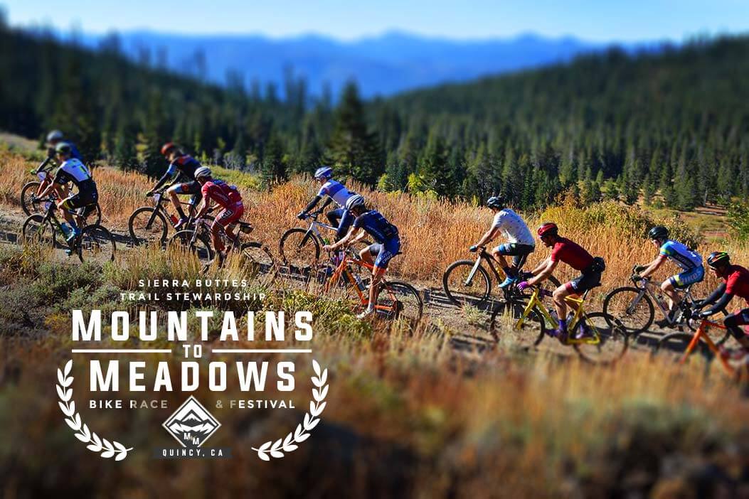 Mountains to Meadows logo over photo of bike racers climbing mountains